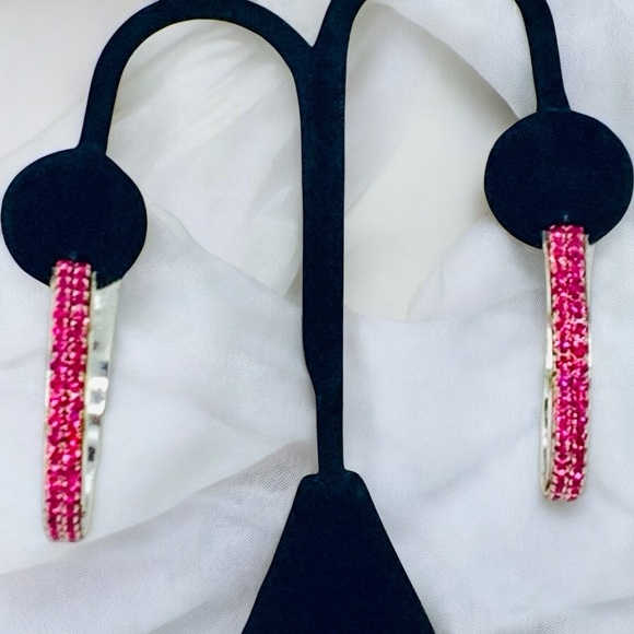 Hoop Earrings Large Fuchsia Pink & Silver Crystal Rhinestone Hoop Earrings - Picture 5 of 5